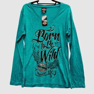 Harley Davidson Women's V-Neck T-Shirt, Size XL, Born to Be Wild, Jade Teal NEW